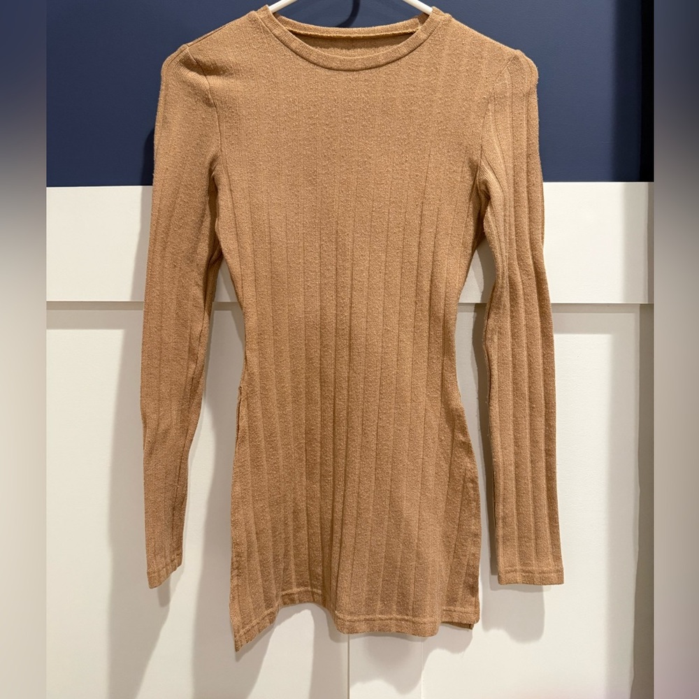 SHEIN Tan Ribbed Long Sleeve Fitted Tunic Top Size S